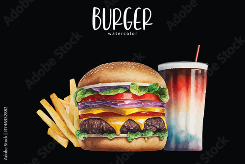 Burger and French Fries Watercolor Fast Food Illustration Tasty Meal Clipart Perfect for restaurant menus, fast food packaging, cafe branding