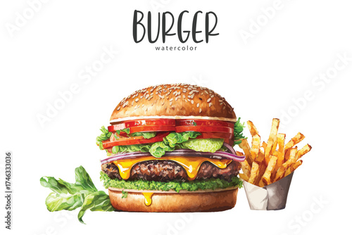 Burger and French Fries Watercolor Fast Food Illustration Tasty Meal Clipart Perfect for restaurant menus, fast food packaging, cafe branding