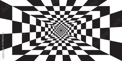 Black and White Checkered Tunnel Illusion Perspective.