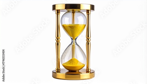 Classic hourglass with yellow sand flowing through clear glass against light background for editorial time symbolism mindfulness design and poetic minimalism-themed visuals