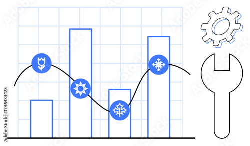Vertical bars with seasonal icons, trend line overlaid on grid, wrench and gear. Ideal for analysis, planning, growth, productivity, development decision-making innovation. Simple flat metaphor