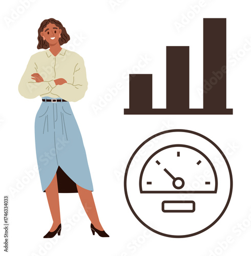 Woman with arms crossed beside a bar chart and speedometer. Ideal for success, progress, performance, business growth, productivity, confidence, and goal setting concepts. A simple flat metaphor
