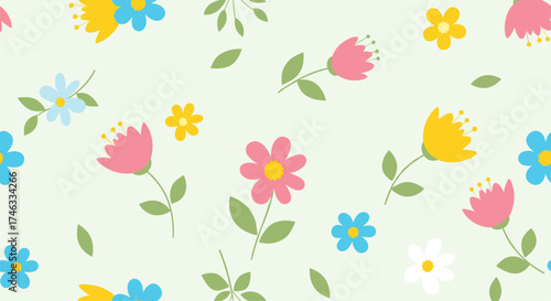 A delicate repeating pattern of simple colorful flowers and green leaves on a light mint green background.