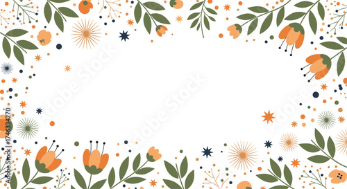 A delightful floral border with scattered elements and abundant green leaves.