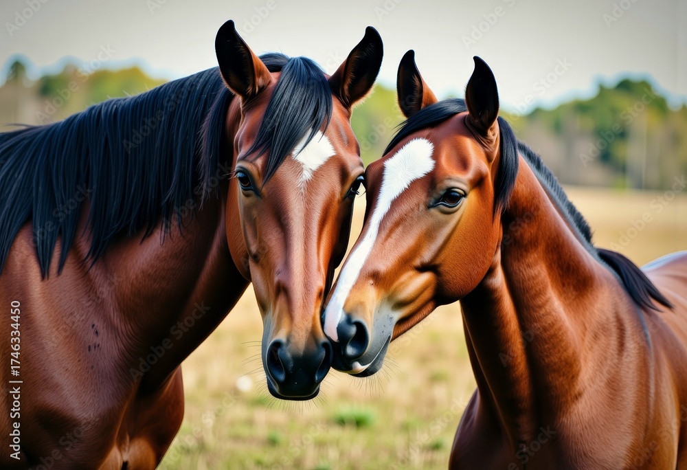 Obraz premium Serene image of two majestic brown horses standing close together in a lush green field, showcasing their glossy coats and attentive expressions under a clear sky.