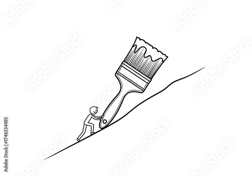 A hand drawn stick figure pushing a giant paintbrush up a steep hill.