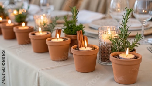 eco friendly wedding decor Decorative candles in terracotta pots on a dining table set for a gathering.