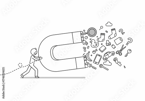 Man Pushing Giant Magnet Attracting Various Objects.