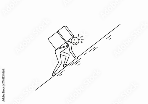 Hand drawn stick figure struggling to carry a heavy box uphill.