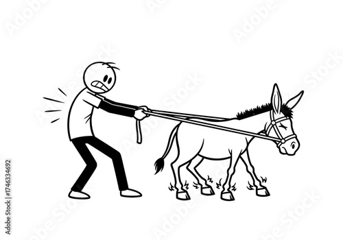 Man struggling to pull a stubborn donkey with a rope.