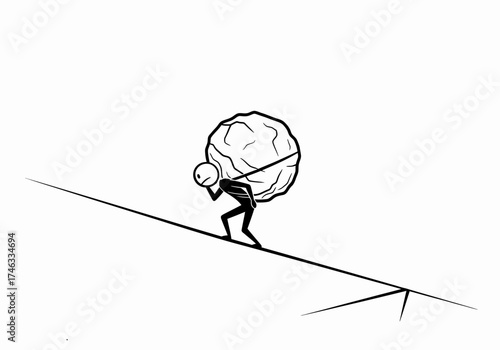 Minimalist line art of a stick figure carrying a heavy burden uphill.