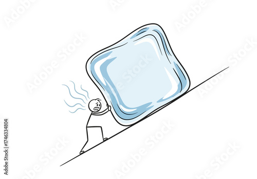 Person struggling to push a large ice block uphill.