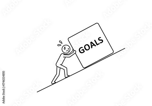 Person struggling to push a large block with the word goals written on it up a steep incline.