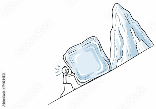 Person struggling to push a large ice block uphill.