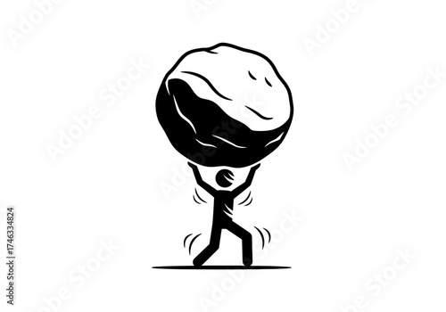 Silhouette of a person struggling to lift a large boulder overhead.