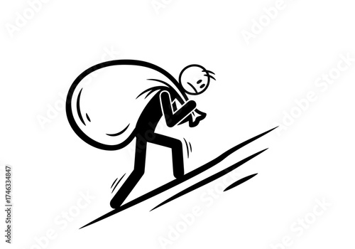 Stick figure carrying a large sack up a steep hill.