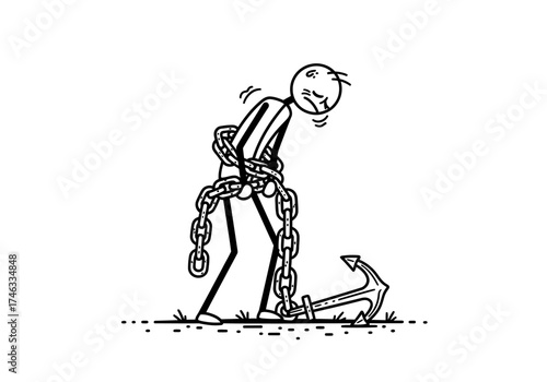 Stick Figure Burdened by Chains and Anchor, Struggle and Limitation.
