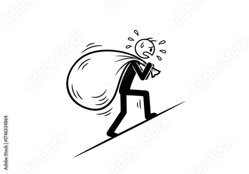 Stick figure character struggling to carry heavy burden uphill.