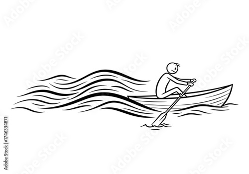 Simple black and white line drawing of a person rowing a boat.