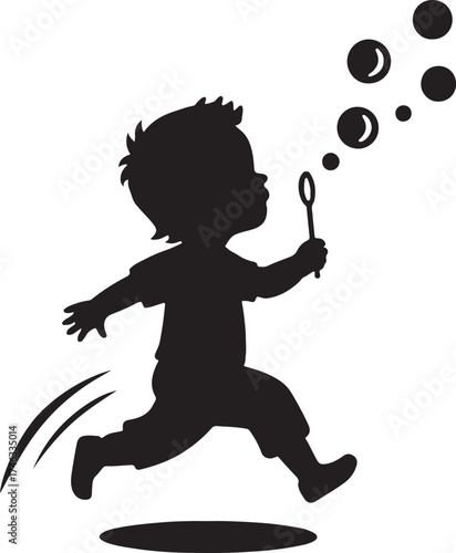 Child running with bubbles silhouette, playful kid, outdoor fun, joyful activity concept
