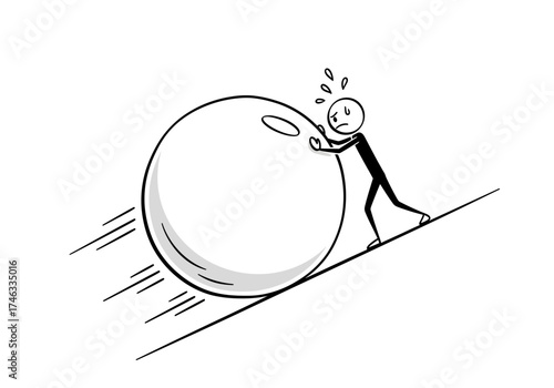 Stick Figure Pushing a Giant Ball Uphill with Great Effort.