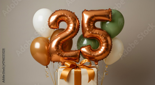 Celebration decor for a twenty-fifth anniversary, featuring large metallic numeral balloons and a ribboned present