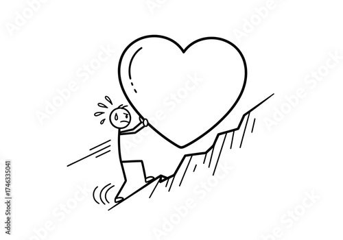 Stick Figure Pushing Heavy Heart Uphill Symbolizing Effort and Challenge.