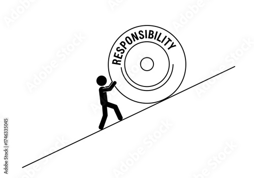 Stick figure pushing a large responsibility wheel up a challenging hill.