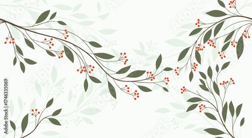 Delicate branches with small red berries and green leaves.