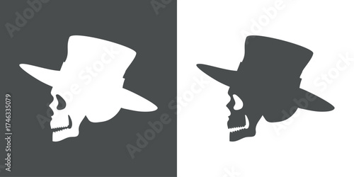 Símbolo pirata. Logo con vista lateral de calavera humana con un viejo sombrero para felicitaciones y tarjetas de Halloween