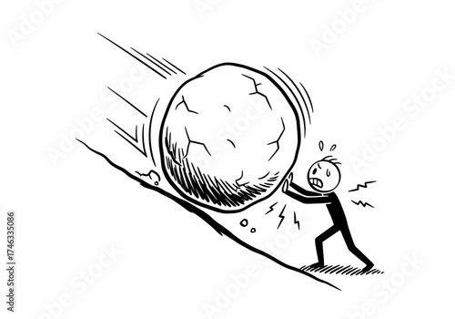 Stick figure pushing large boulder uphill facing immense challenge.
