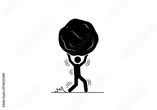 Stick figure struggling to lift a large boulder overhead.