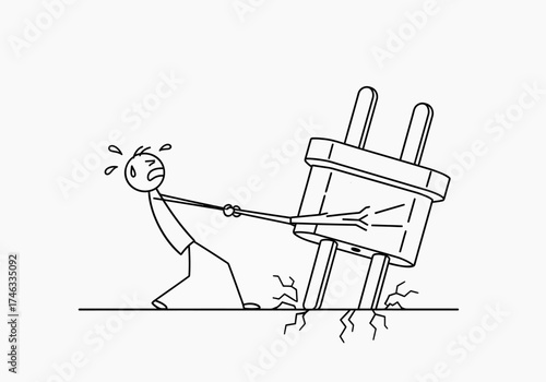 Stick Figure Struggles to Pull a Giant Electrical Plug.