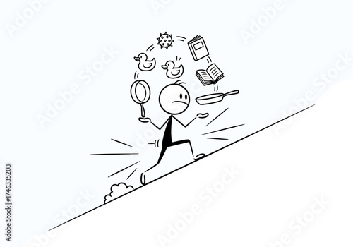 Vector cartoon stick figure drawing of a man juggling many things while walking uphill.