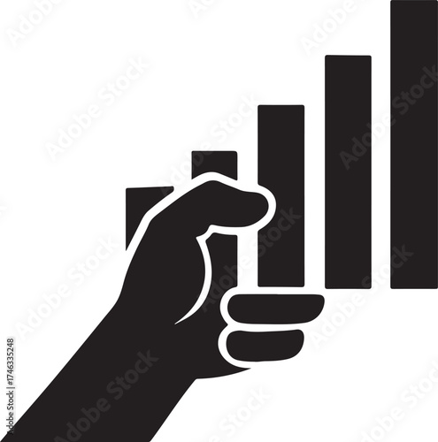 Human hand silhouette gripping rising signal bars, wireless network, connectivity concept