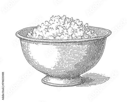 Vintage illustration of a bowl filled with cottage cheese. Vintage rough woodcut engraving linocut style vector illustration.