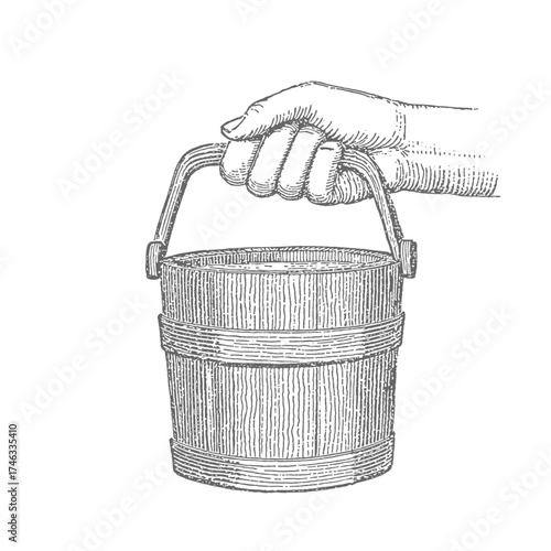 Hand holding a wooden bucket with a handle, vintage illustration. Vintage rough woodcut engraving linocut style vector illustration.