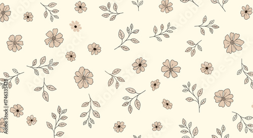 A delicate floral pattern featuring small blooms and branches with scattered leaves.