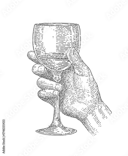 Hand holding a wine glass in a vintage engraving style. Vintage rough woodcut engraving linocut style vector illustration.