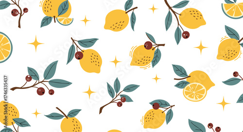 A vibrant and refreshing citrus pattern with yellow lemons and berries.