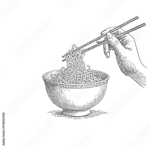 Hand using chopsticks to pick up noodles from a bowl. Vintage rough woodcut engraving linocut style vector illustration.