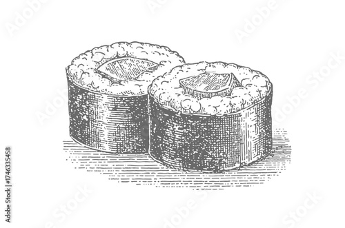 Detailed illustration of two sushi rolls. Vintage rough woodcut engraving linocut style vector illustration.