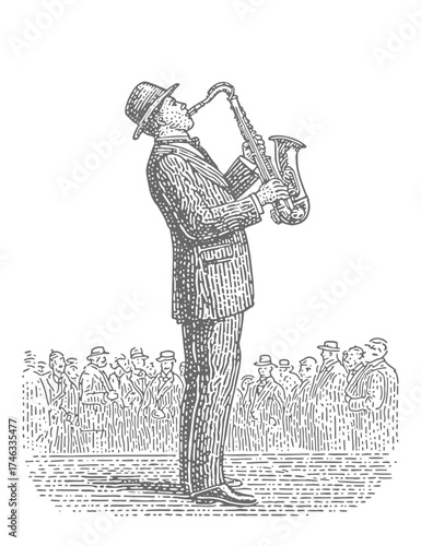 Saxophonist performing for an audience in a vintage engraving style. Vintage rough woodcut engraving linocut style vector illustration.