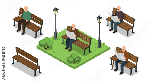 Elderly men reading newspapers in park isometric design with benches and street lamps