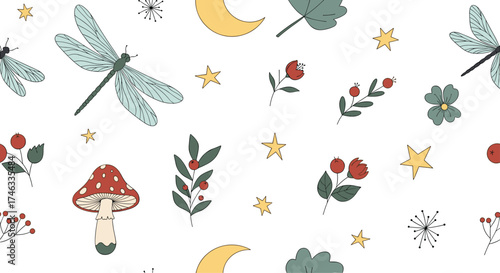 A whimsical pattern featuring dragonflies mushrooms and crescent moons.