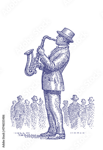 Saxophonist performing for an audience. Vintage rough woodcut engraving linocut style vector illustration.