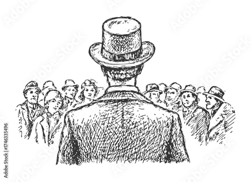 Man in a top hat addressing a crowd in a vintage illustration.