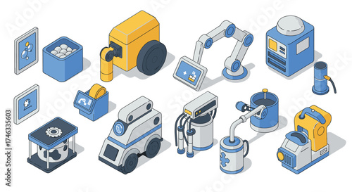 Isometric smart factory elements with futuristic technology and robotics theme