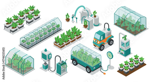 Modern farming technologies in isometric style with greenhouses and automated equipment