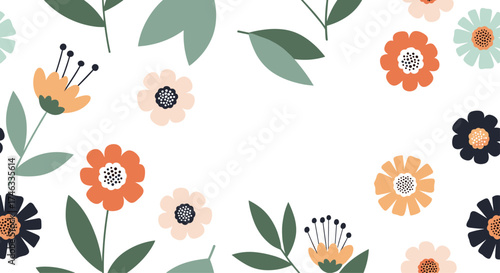 A delicate floral pattern with various blooming flowers in pastel shades.